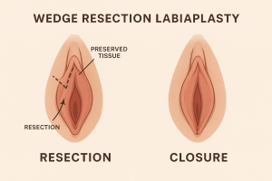 Medical illustration of wedge resection labiaplasty showing tissue preservation and central closure