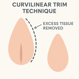 Diagram comparing wedge and trim labiaplasty techniques and scar patterns