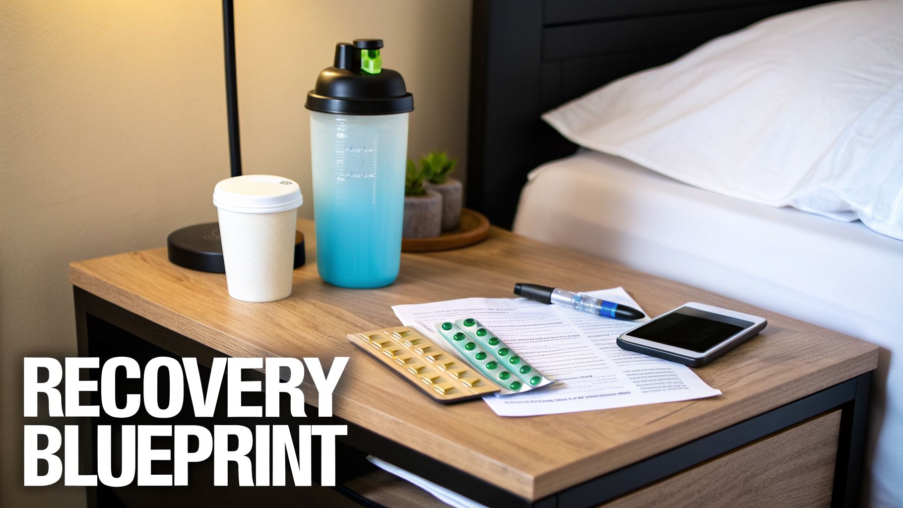 A nightstand next to a bed with a water bottle, pills, documents, and a phone for recovery.