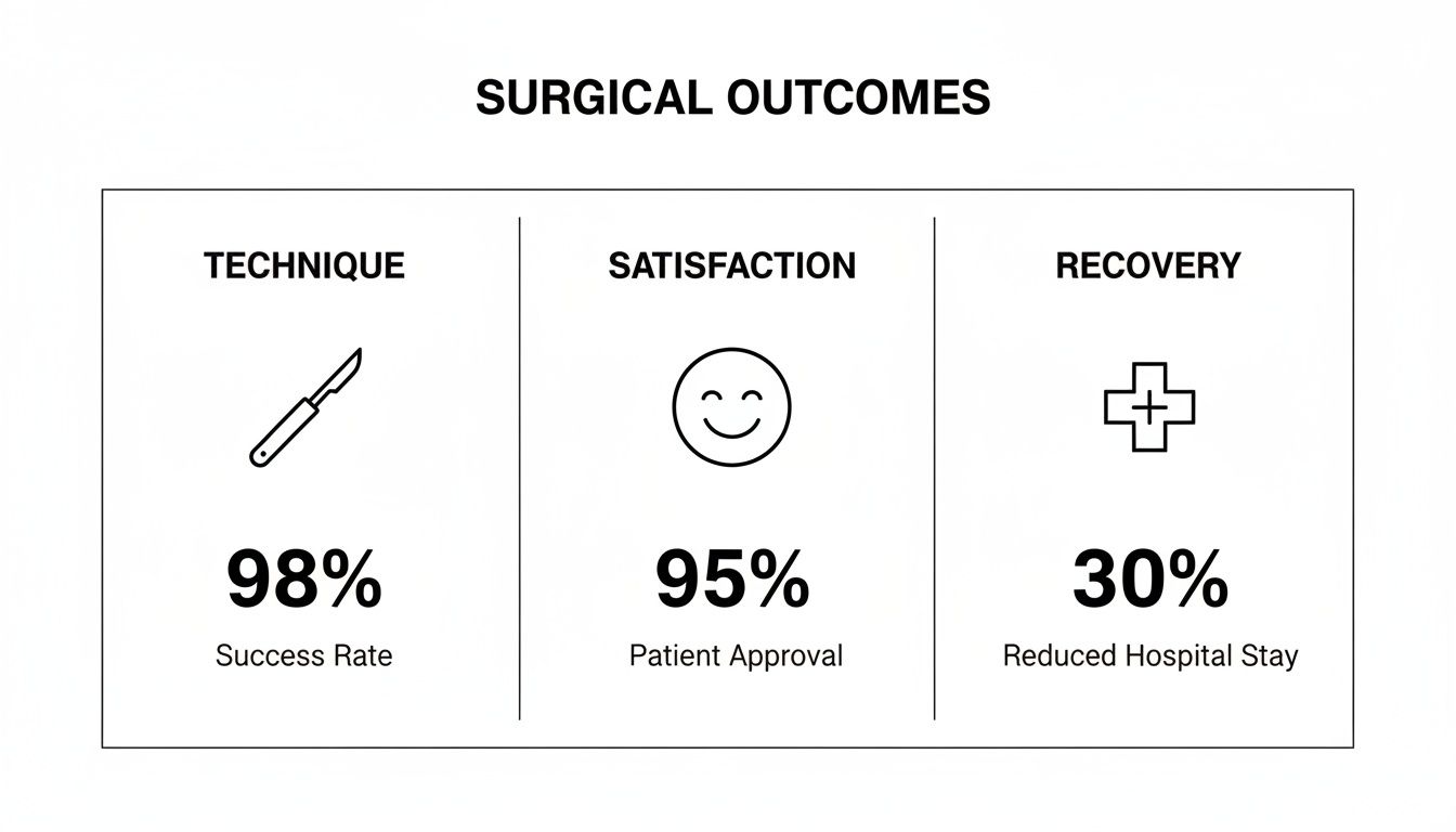 Surgical outcomes infographic showing technique success, patient satisfaction, and recovery improvements.