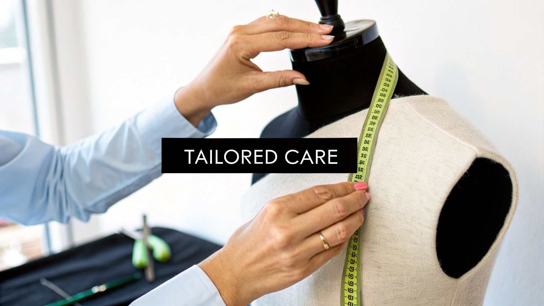 A person's hands in a blue shirt measure a dress form with a yellow tape measure, text reads 'TAILORED CARE'.