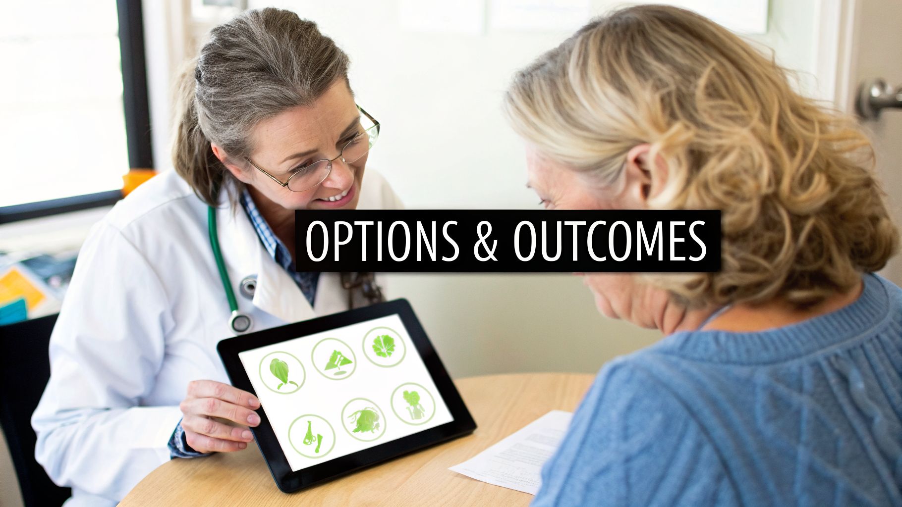 A smiling female doctor explains medical options and outcomes on a tablet to an older patient.