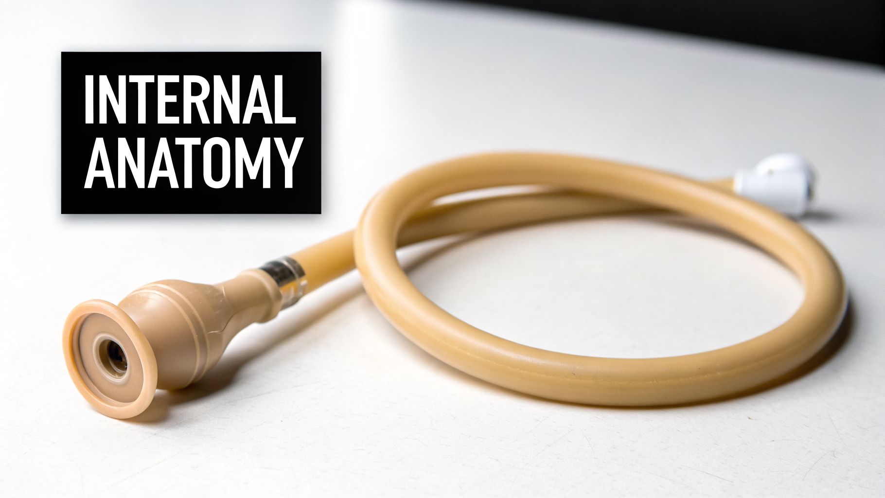 A beige medical training device resembling a speculum, with a black text overlay reading "INTERNAL ANATOMY".