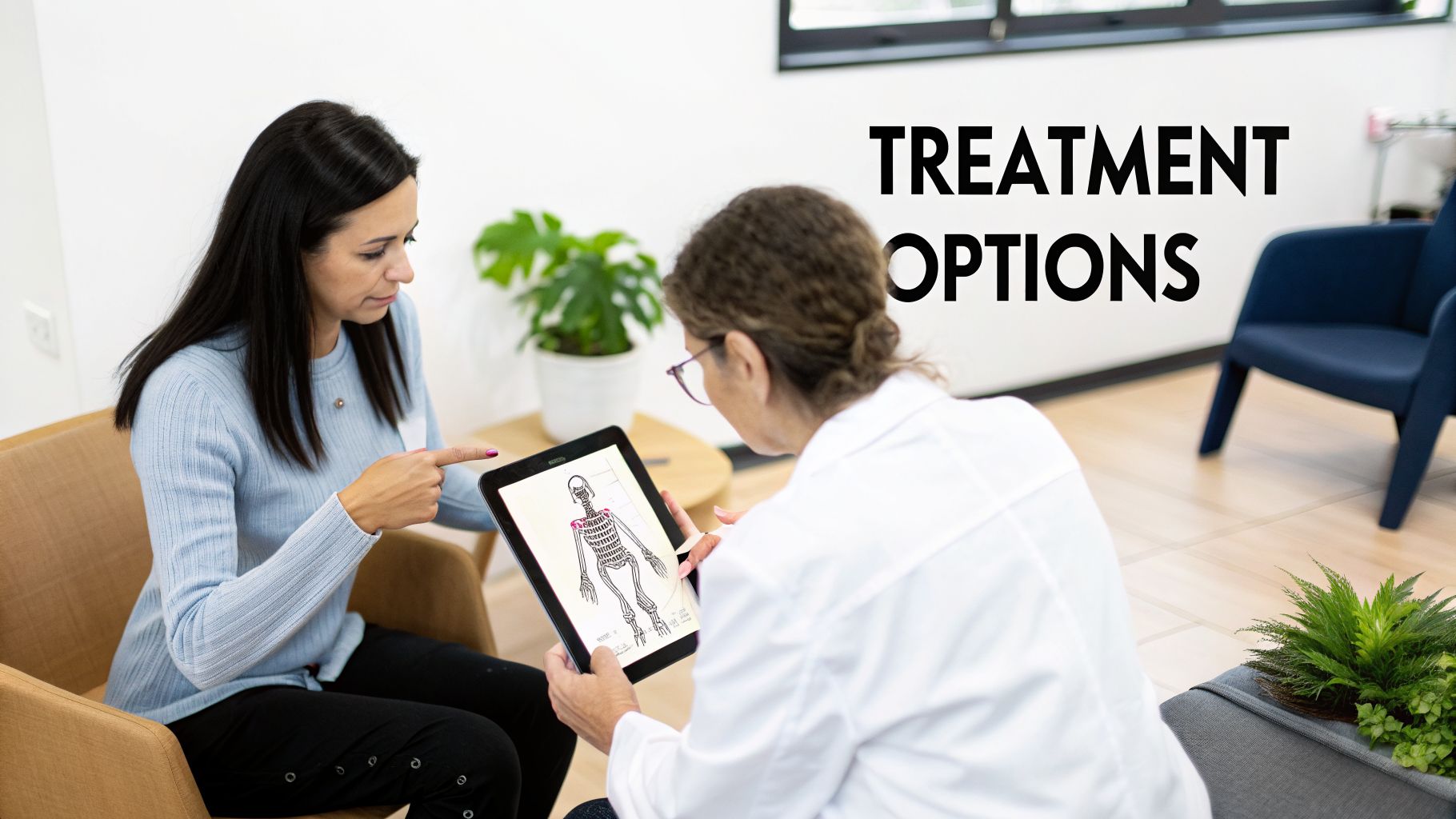 A patient points at a digital skeletal diagram on a tablet while discussing treatment options with a doctor.