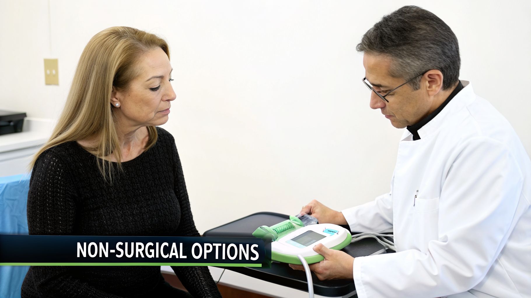 A doctor in a white coat shows a medical device to a female patient, discussing non-surgical options.