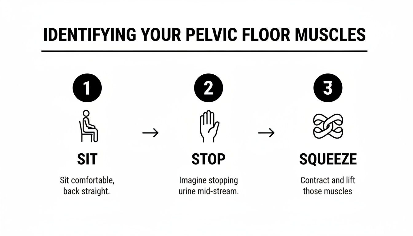 A three-step visual guide on identifying pelvic floor muscles: sit, stop urine mid-stream, and squeeze.