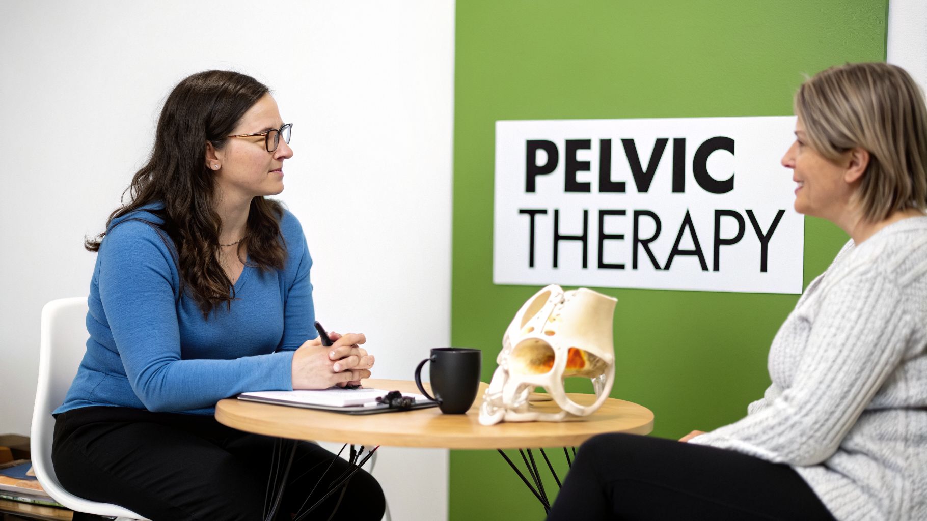 A therapist discusses pelvic health with a patient, featuring a pelvic model on the table.