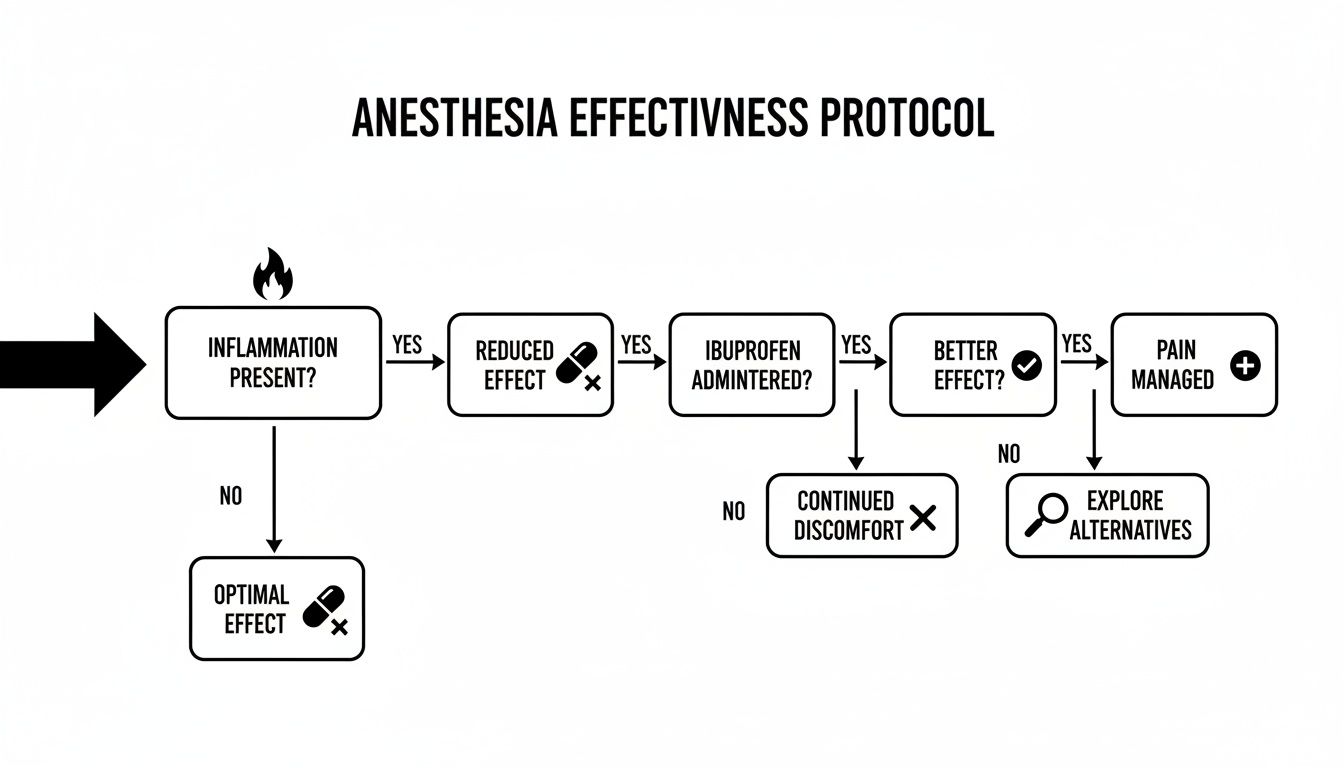 Flowchart detailing an anesthesia effectiveness protocol, addressing inflammation, ibuprofen administration, and pain management outcomes.