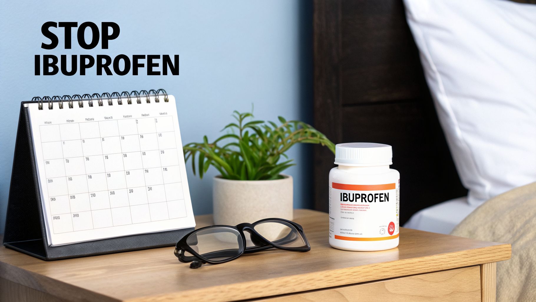 A bedside table with an Ibuprofen bottle, reading glasses, calendar, and text 'STOP IBUPROFEN'.