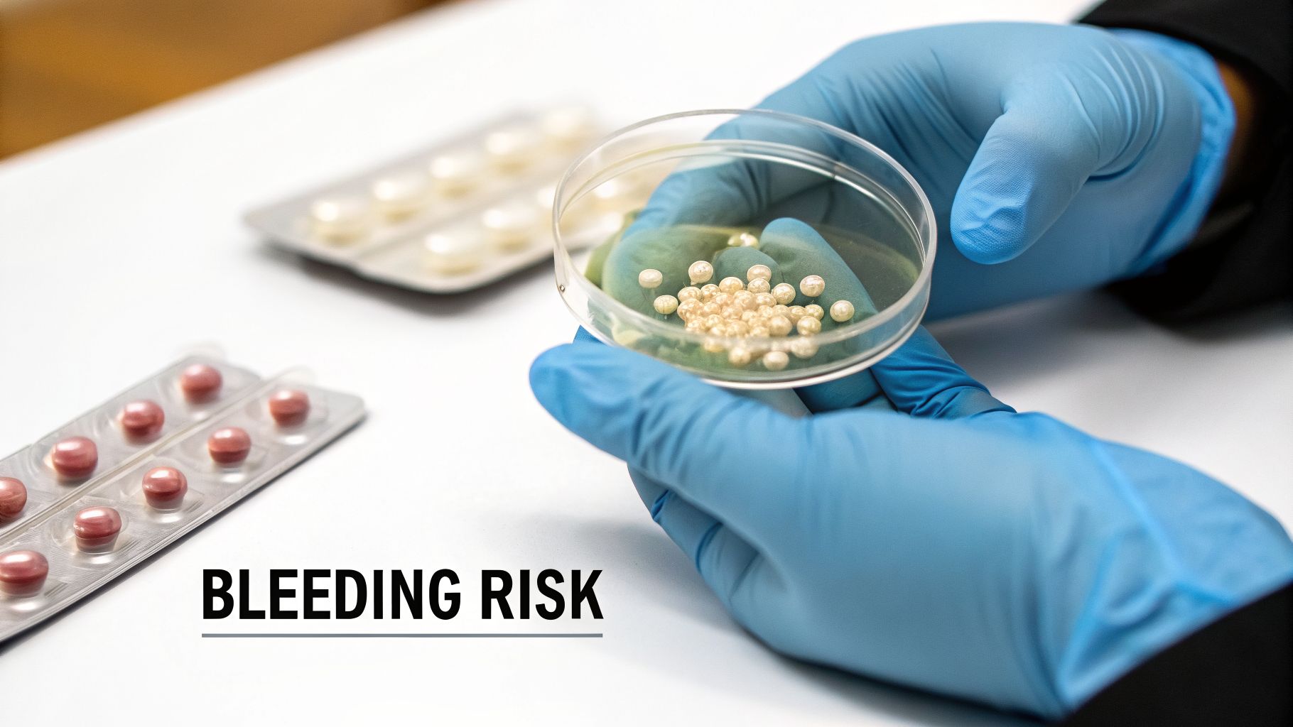Gloved hands hold a petri dish filled with small white pills, with other pill blister packs on a white surface.