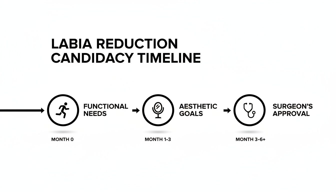 Timeline graphic outlining labia reduction candidacy process: functional needs, aesthetic goals, and surgeon's approval stages.
