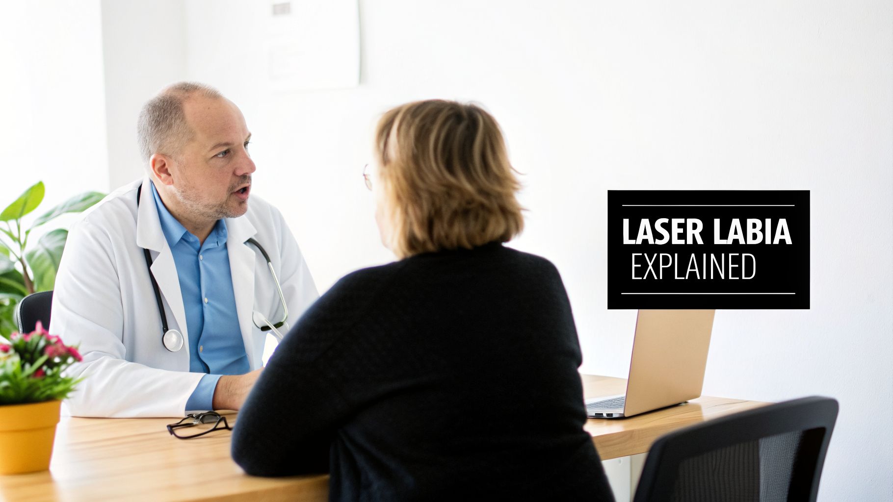 A doctor in a white coat explains 'Laser Labia' procedures to a female patient in an office.