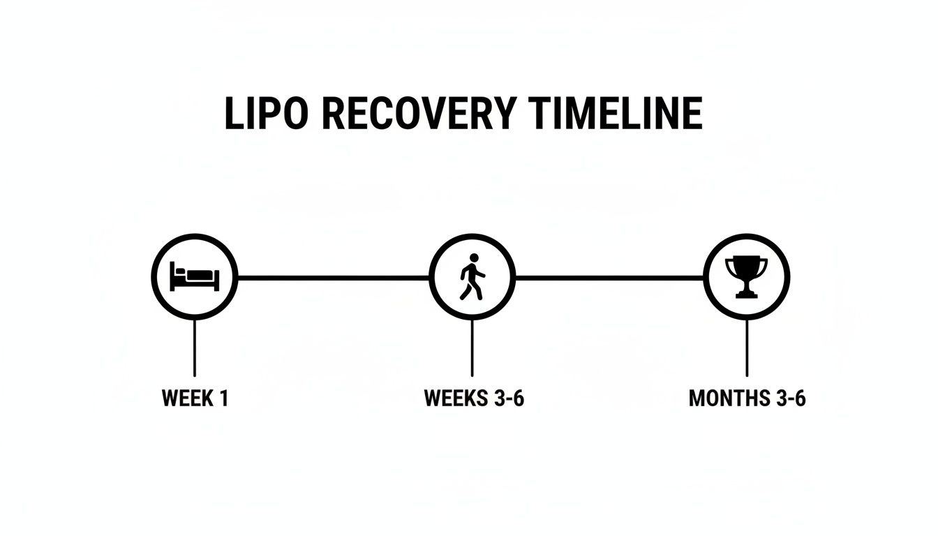 Lipo recovery timeline showing stages: Week 1 (rest), Weeks 3-6 (activity), Months 3-6 (full results).