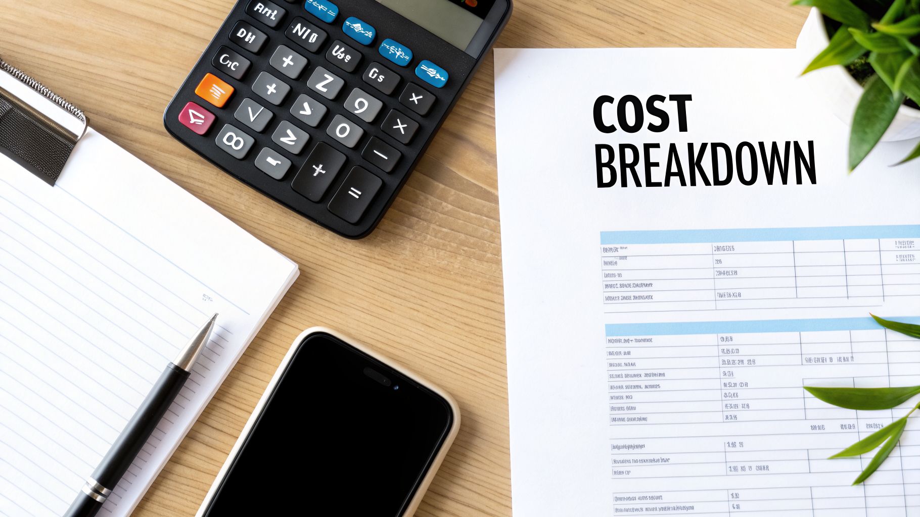 A desk flat lay with a 'COST BREAKDOWN' document, calculator, notebook, pen, and smartphone, suggesting financial analysis.