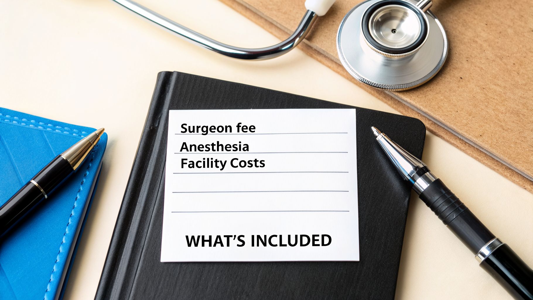 A note detailing 'WHAT'S INCLUDED' in medical costs: Surgeon fee, Anesthesia, and Facility Costs, with a stethoscope and pens.