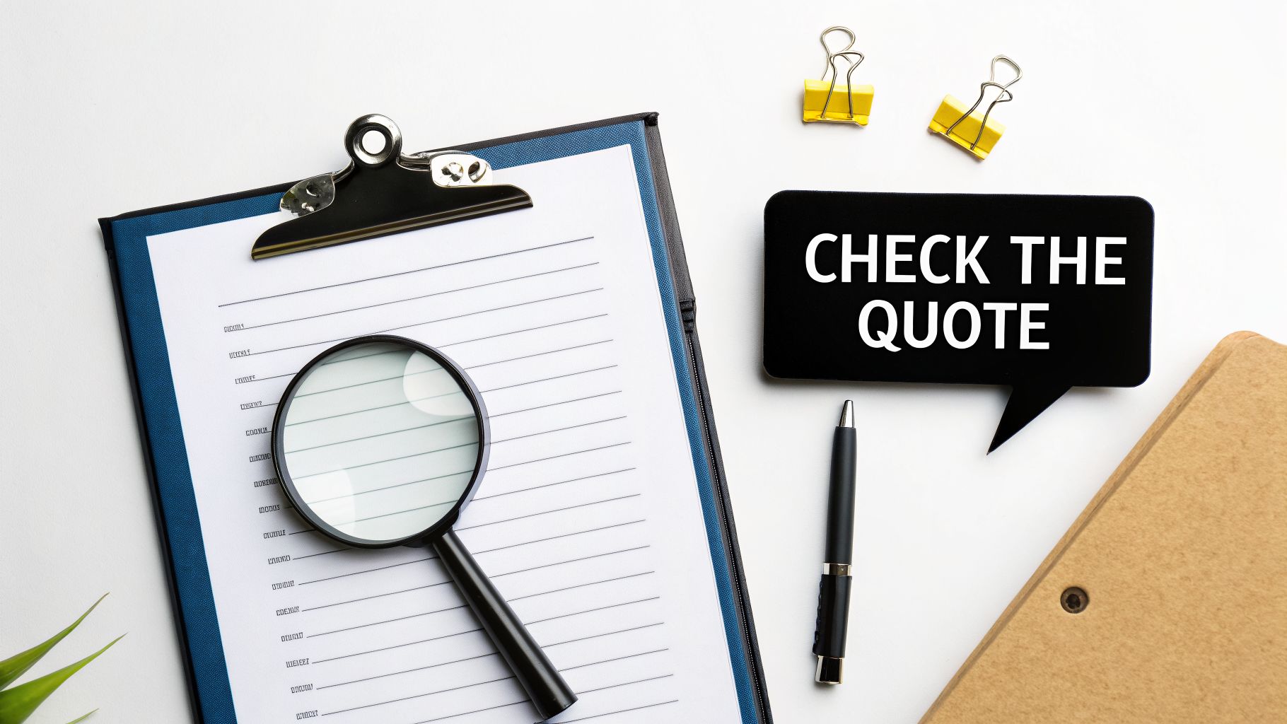 Flat lay of office desk with clipboard, magnifying glass, pen, and 'CHECK THE QUOTE' message.