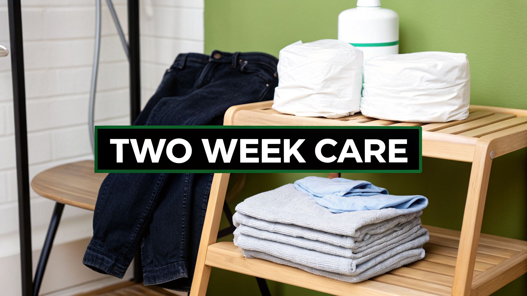 A laundry scene with jeans, stacked white rolls, detergent, folded towels, and the text 'TWO WEEK CARE'.