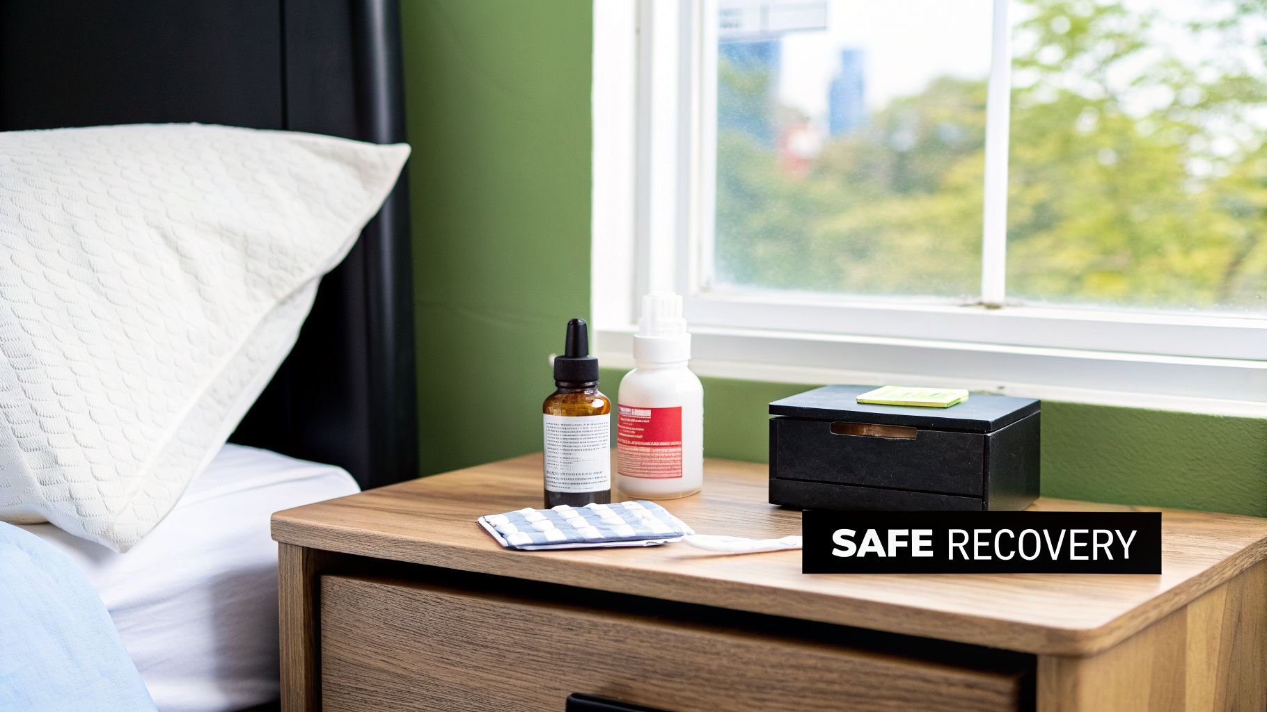 A bedside table with recovery essentials including medicine bottles, a cloth, and a box next to a bed.