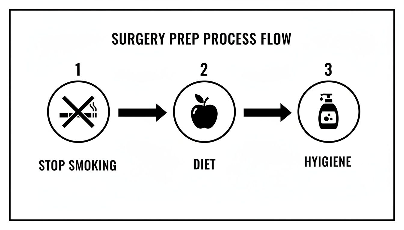 A three-step surgery preparation process flow: stop smoking, follow a healthy diet, and maintain good hygiene.