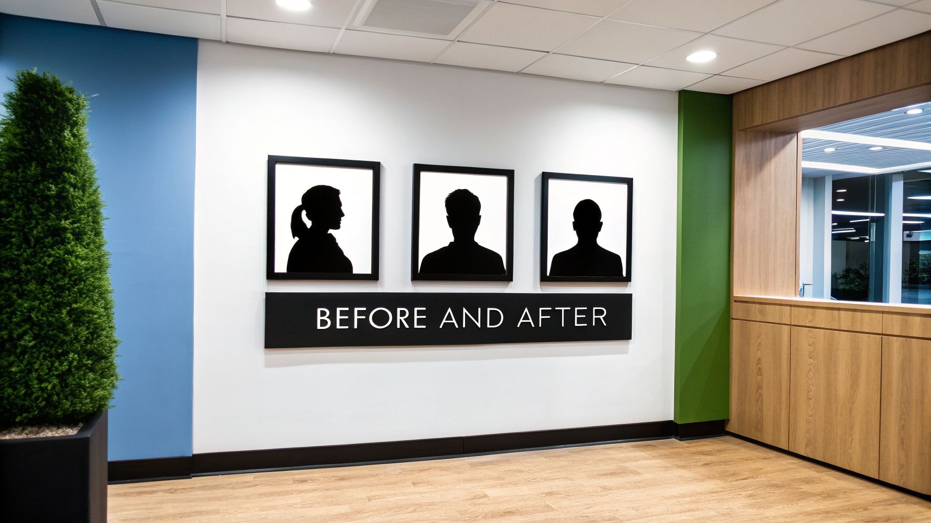 Three framed silhouette portraits and a 'BEFORE AND AFTER' sign on a wall in a modern office.