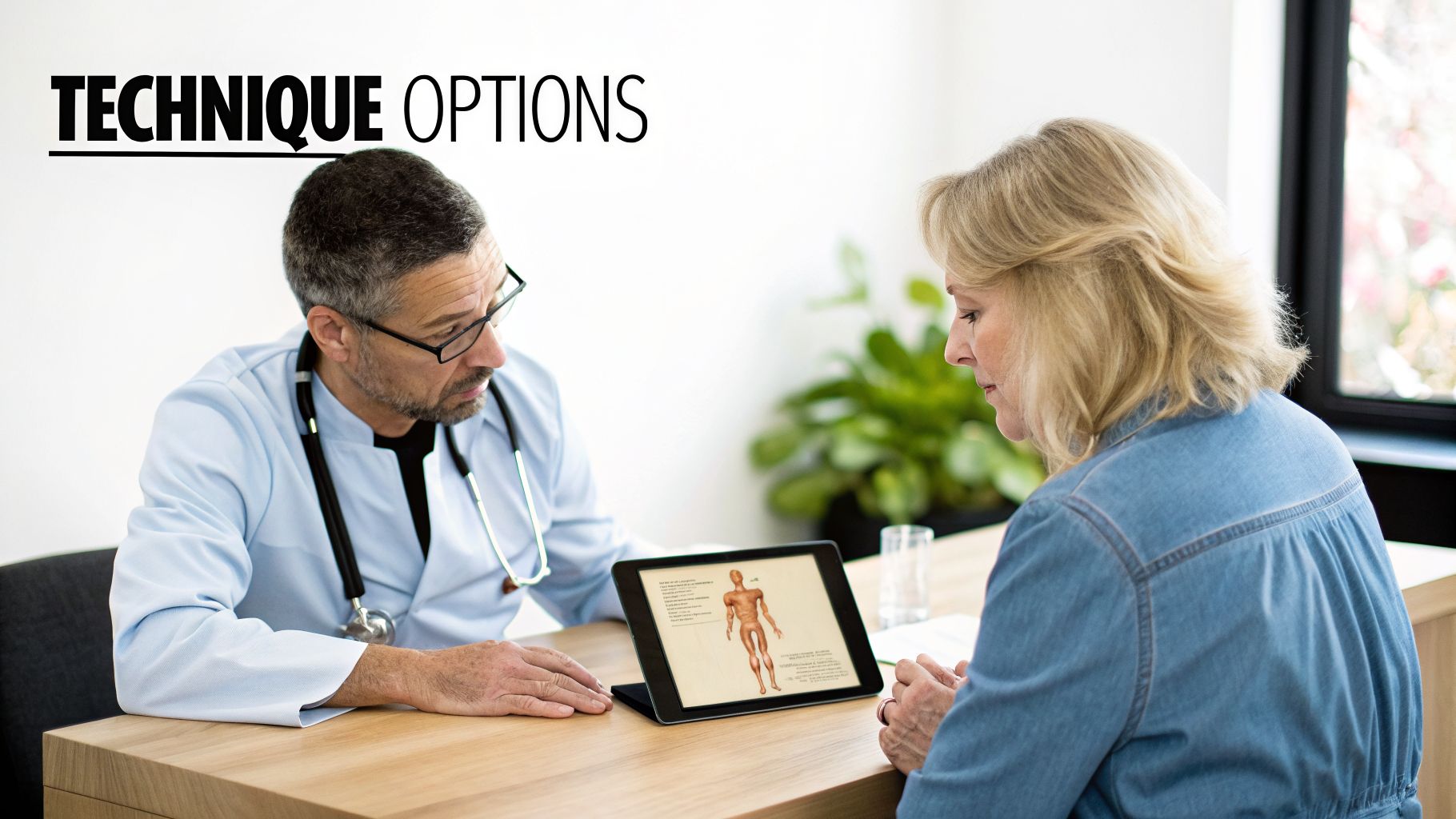 A doctor explains technique options to a female patient, showing an anatomical diagram on a tablet.