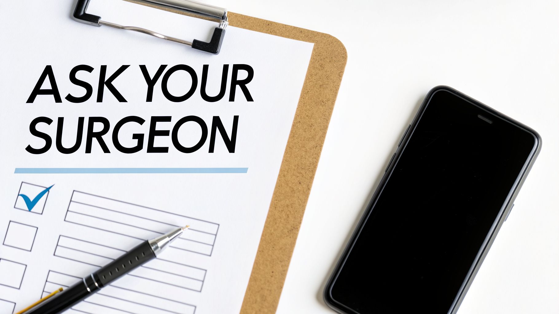 A clipboard with a paper displaying 'ASK YOUR SURGEON' above a checklist with a pen and a smartphone.