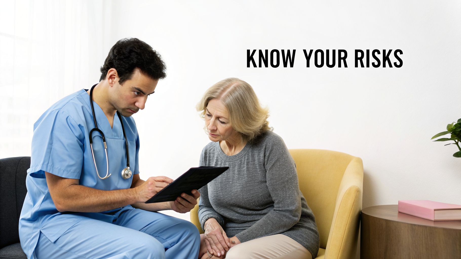 A male doctor in blue scrubs discusses information on a tablet with an older female patient, with "KNOW YOUR RISKS" text on the wall.