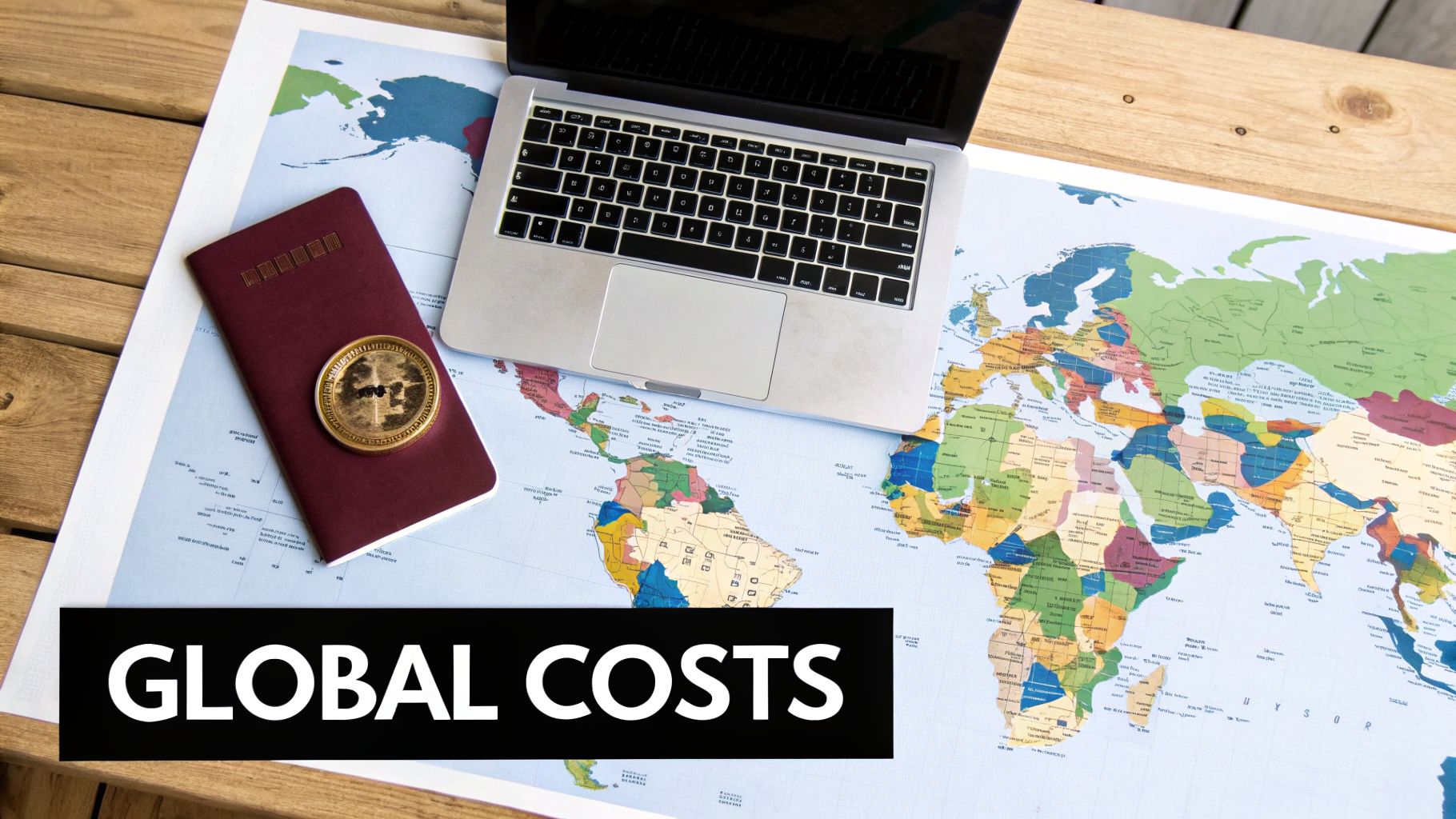 An overhead shot of a laptop, passport, and crypto coin on a world map, with a GLOBAL COSTS text overlay.