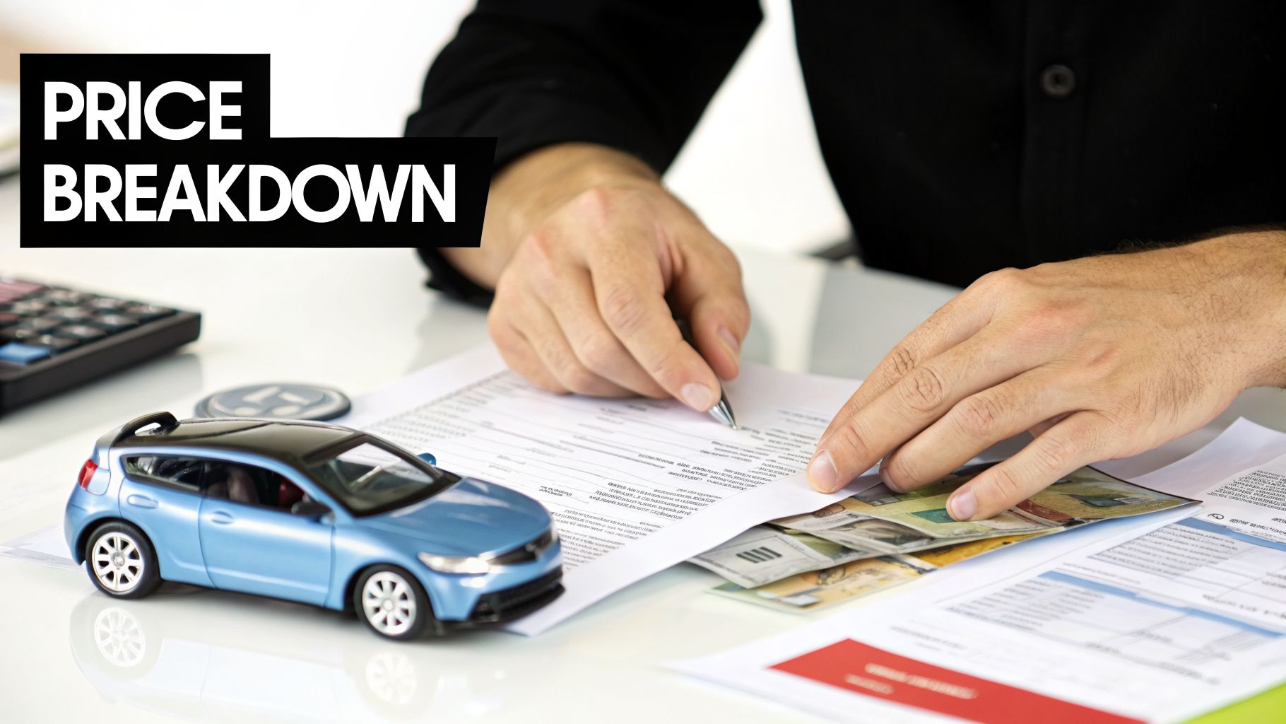 A person calculates car costs on documents with a pen, money, and a toy car, illustrating a price breakdown.