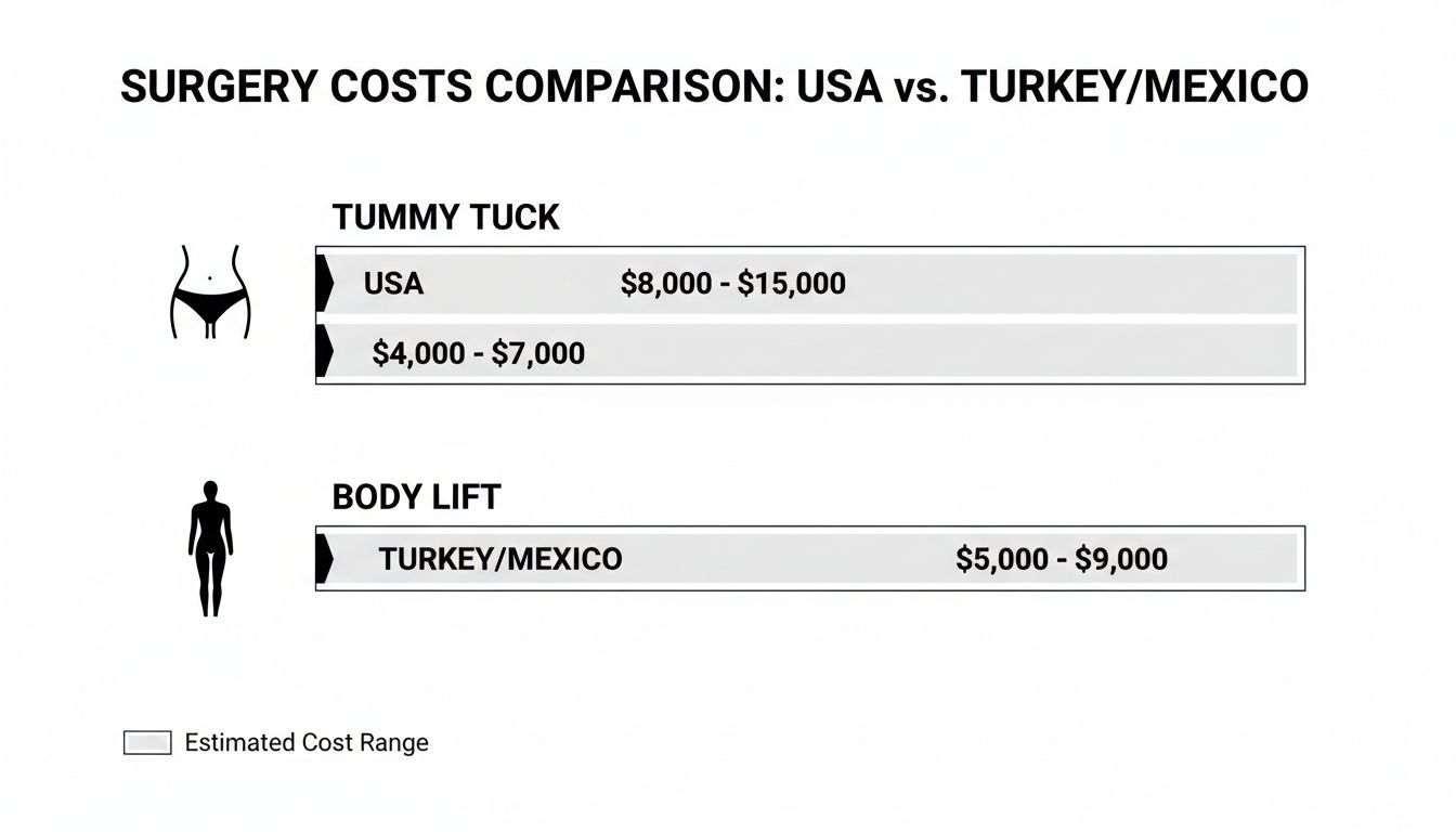 A chart comparing estimated surgery costs for tummy tuck and body lift procedures in the USA versus Turkey and Mexico.