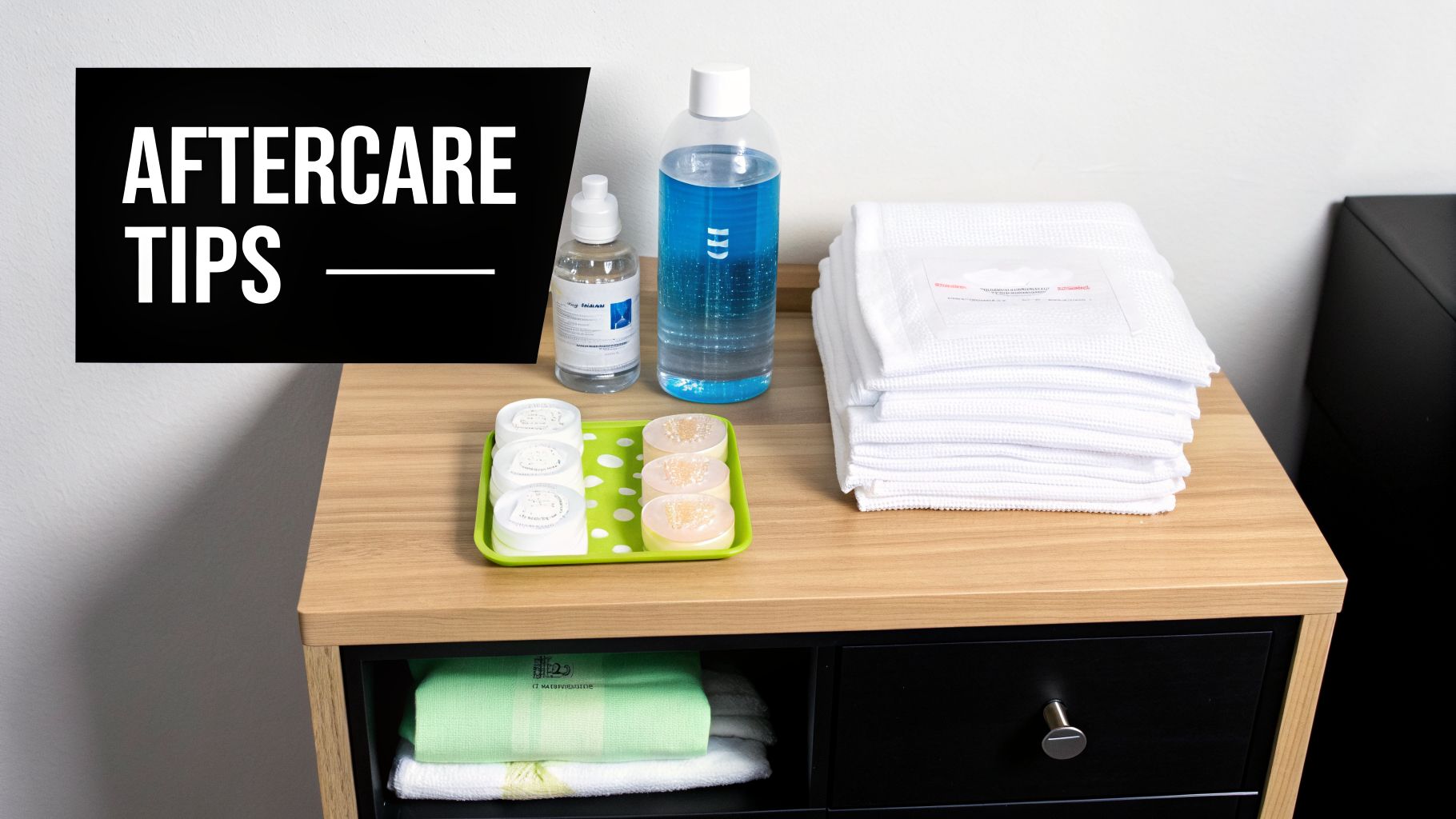 A black sign reading 'AFTERCARE TIPS' above bottles, small containers, and white towels on a wooden cabinet.
