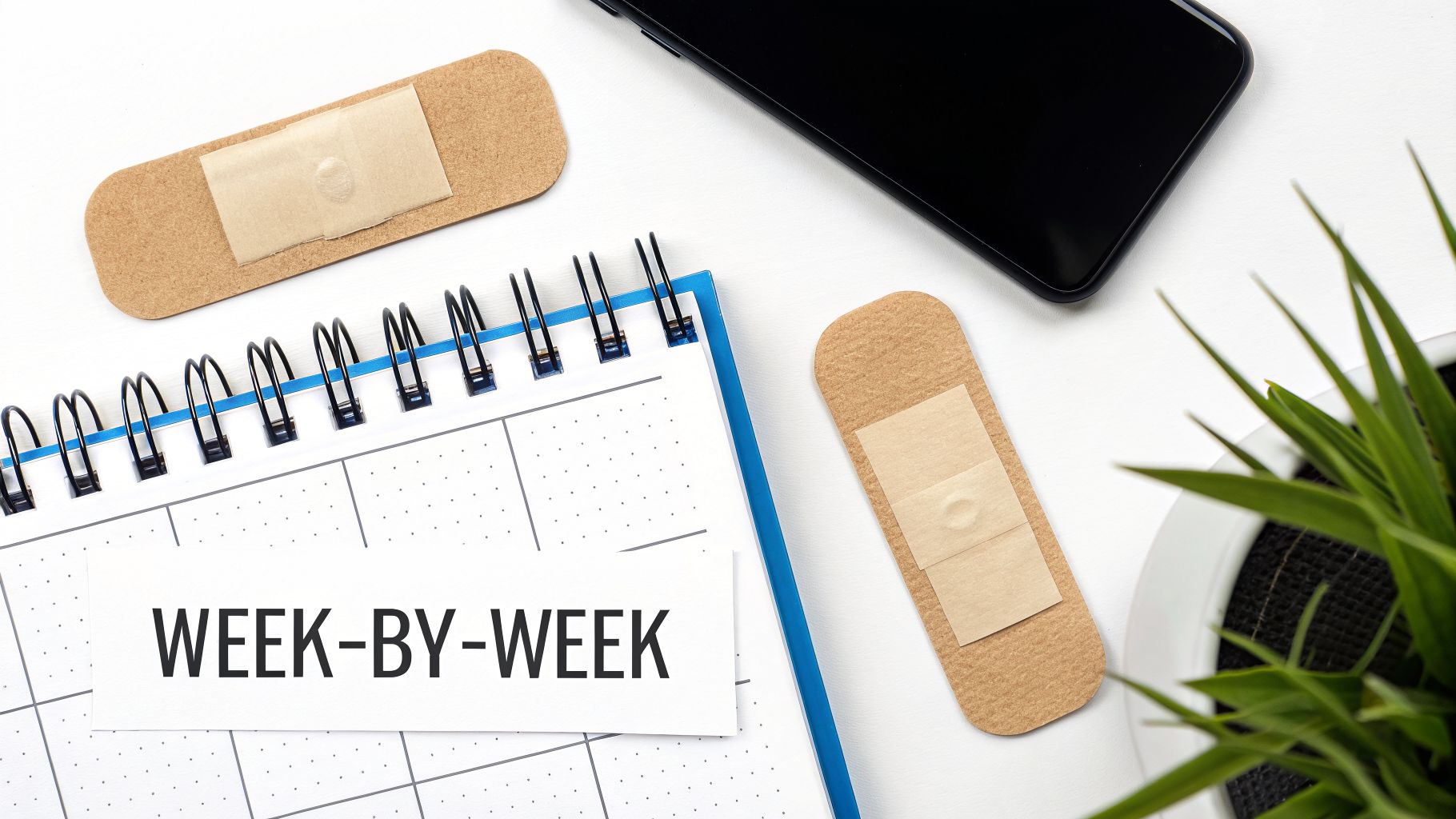 A flat lay shows a 'WEEK-BY-WEEK' calendar, band-aid cutouts, a phone, and a plant, symbolizing a healing schedule.