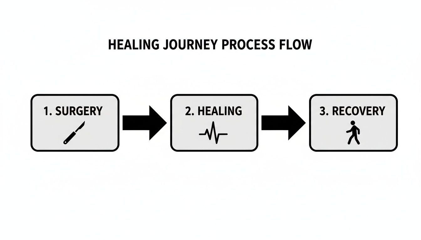 A diagram illustrating the healing journey process with three stages: surgery, healing, and recovery.