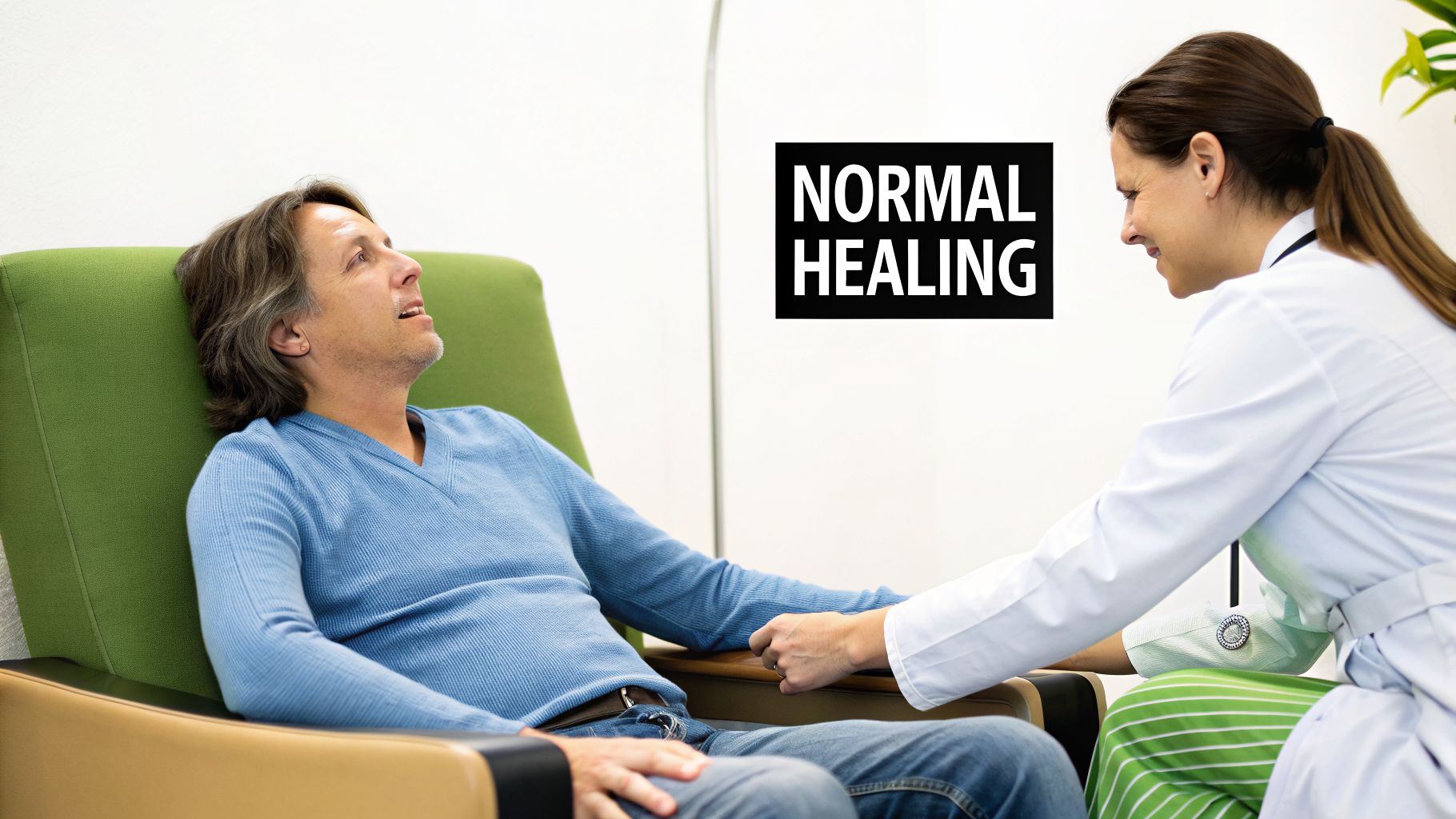 Male patient in a green chair getting medical attention from a female doctor.