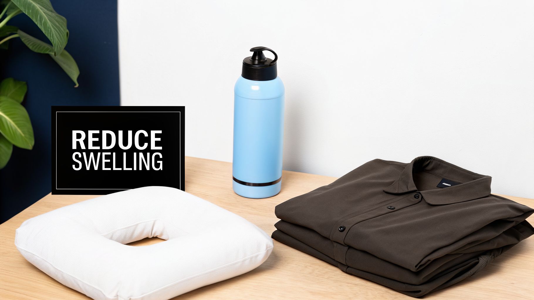 A donut pillow, a light blue water bottle, and folded shirts on a wooden table, with a "REDUCE SWELLING" sign.