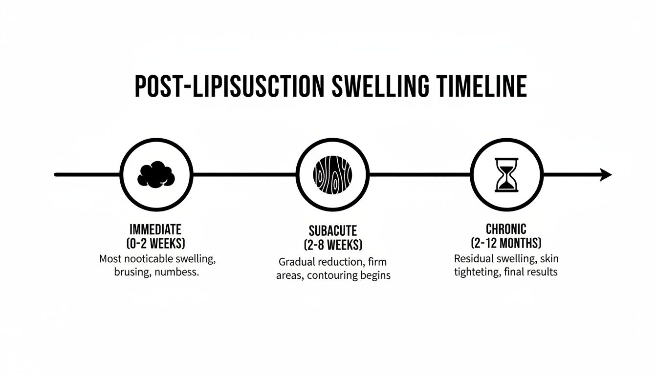 Timeline illustrating post-liposuction swelling stages: immediate, subacute, and chronic phases with recovery details.