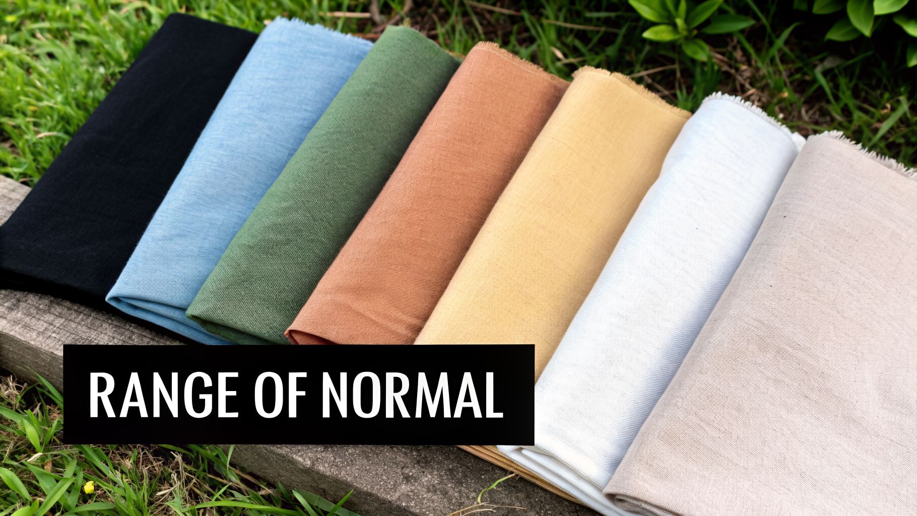Seven colorful fabric swatches folded on a wooden surface with grass, text "RANGE OF NORMAL".