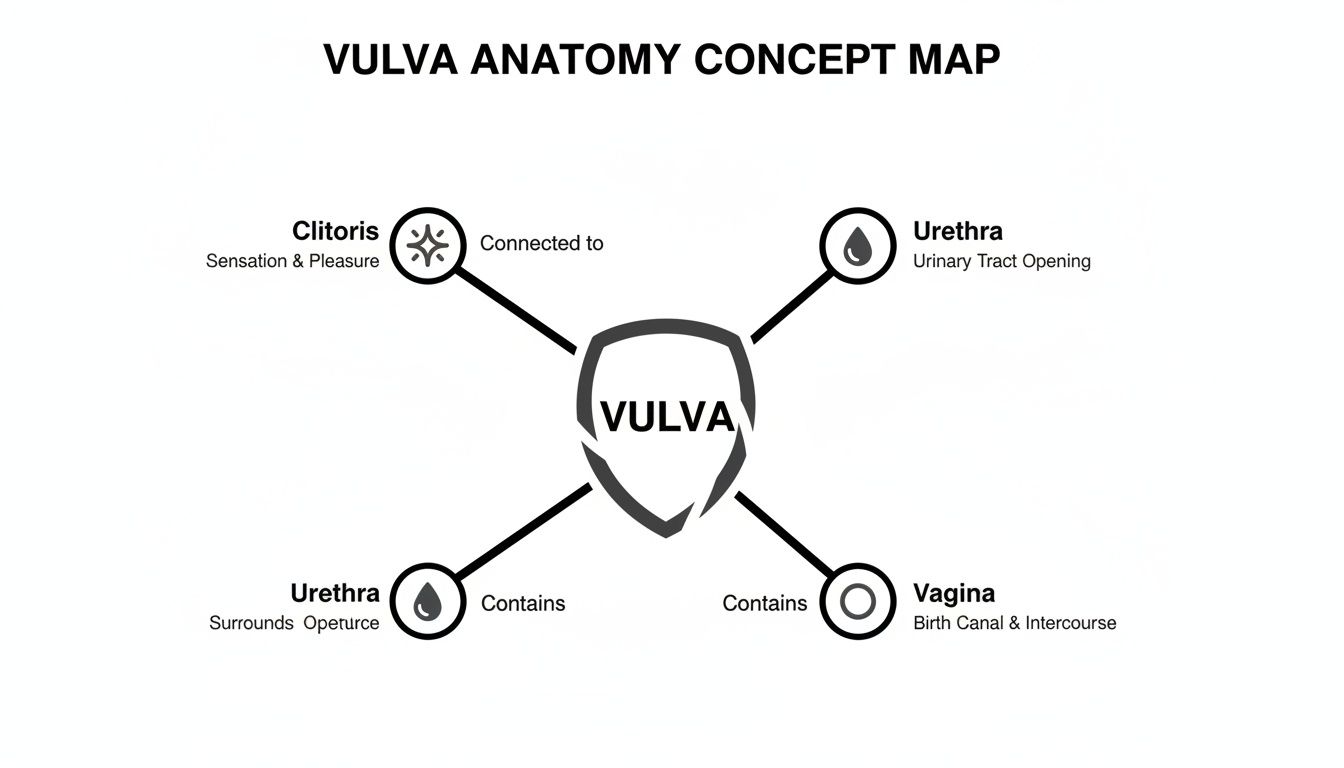Concept map illustrating vulva anatomy, detailing connections to clitoris, urethra, and vagina functions.