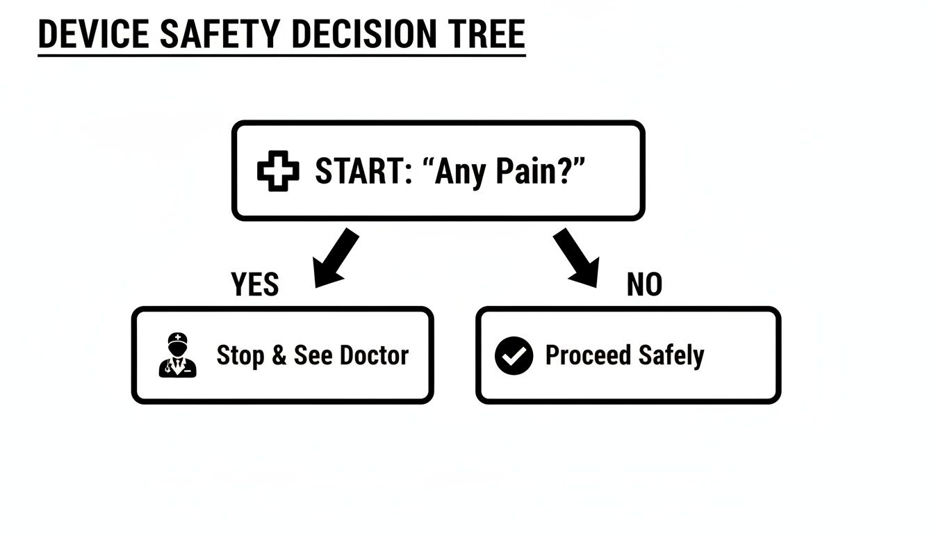A device safety decision tree. If there's pain, stop and see a doctor; otherwise, proceed safely.