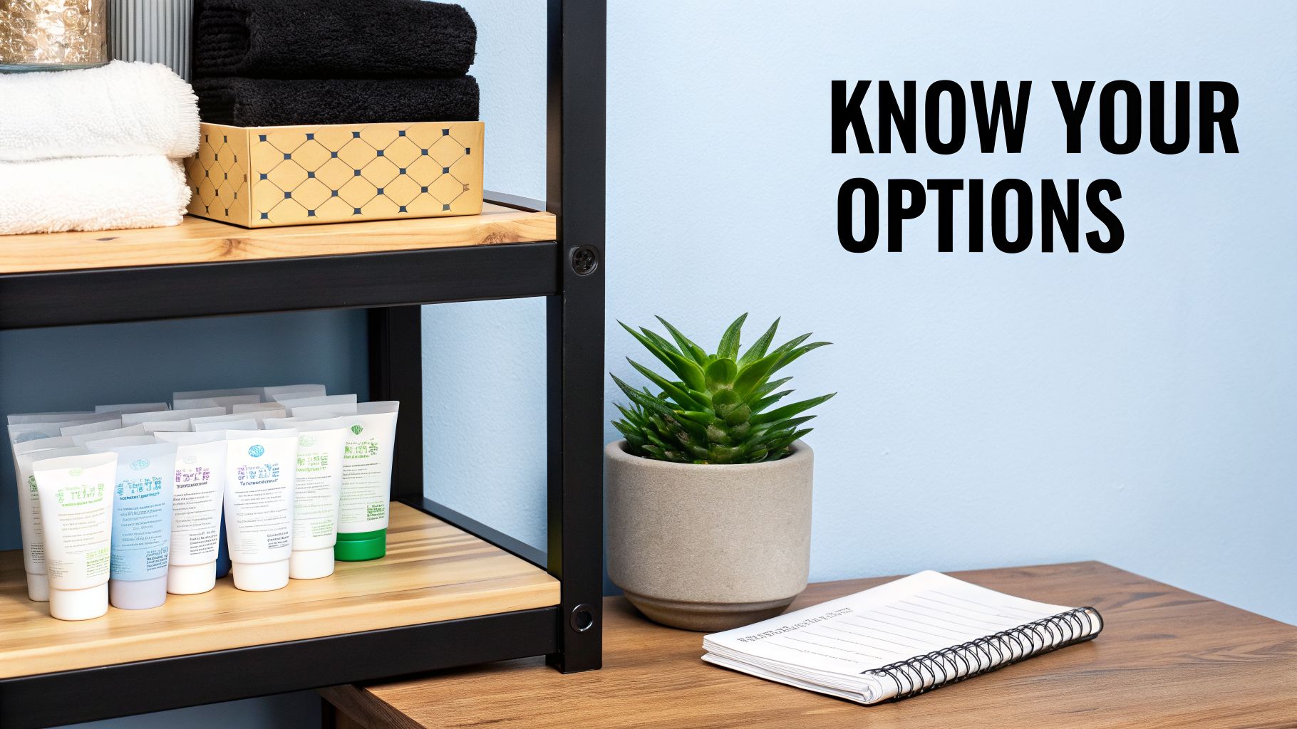 A shelf unit with towels and cosmetic tubes, a plant, and a notebook, with text 'KNOW YOUR OPTIONS'.