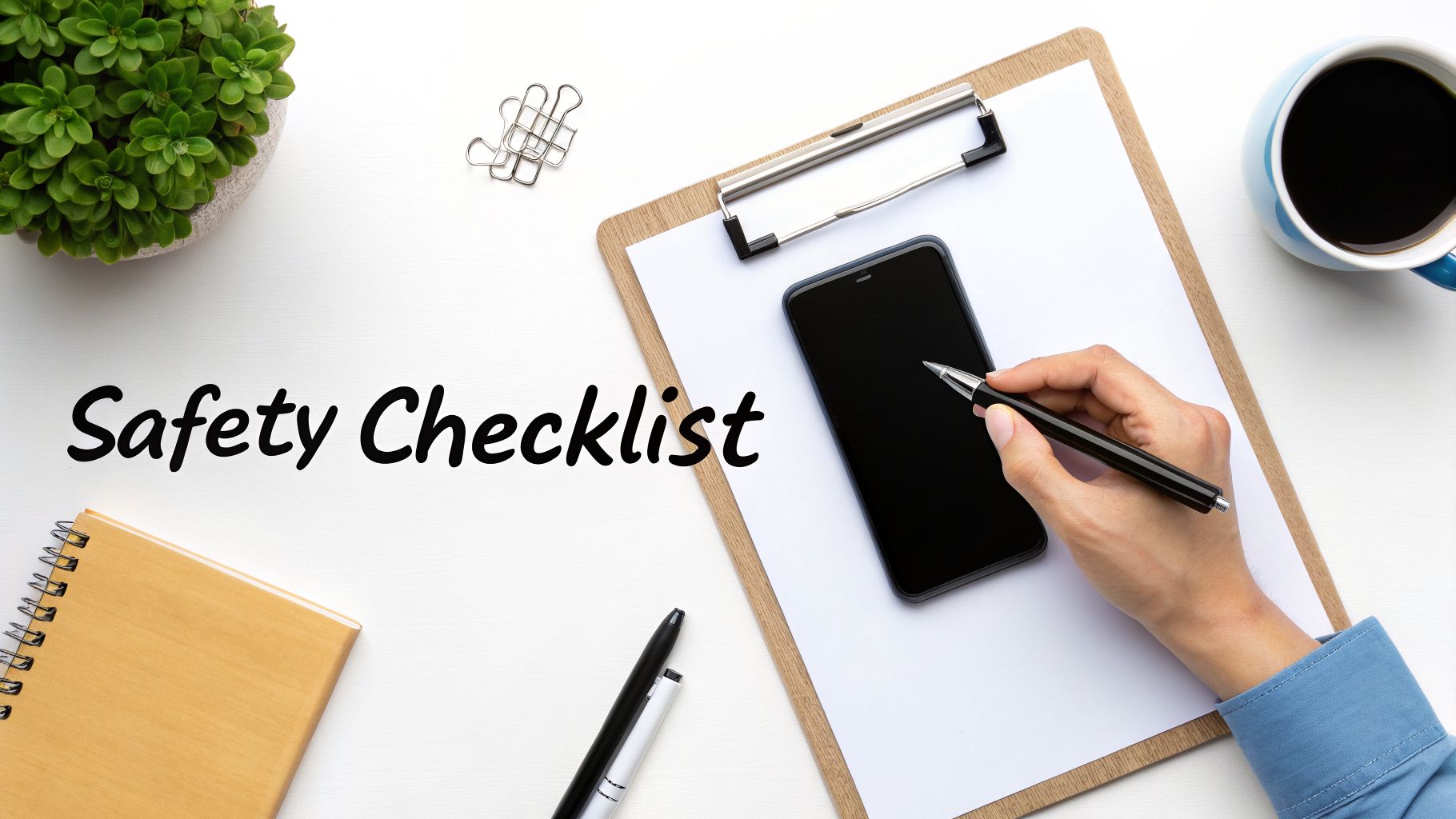 Overhead shot of a person's hand writing on a phone on a clipboard, next to a plant and coffee. Text: Safety Checklist.