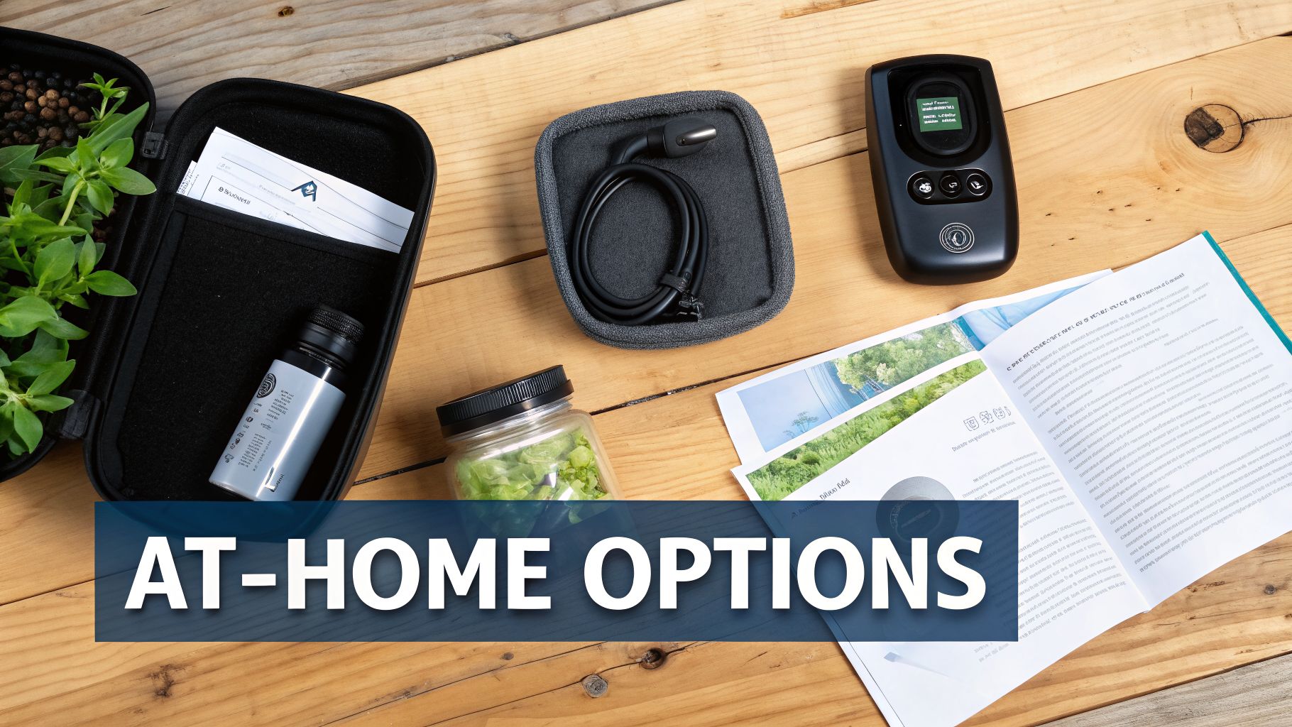A flat lay of various items for at-home wellness, including a device, plants, and instructions.
