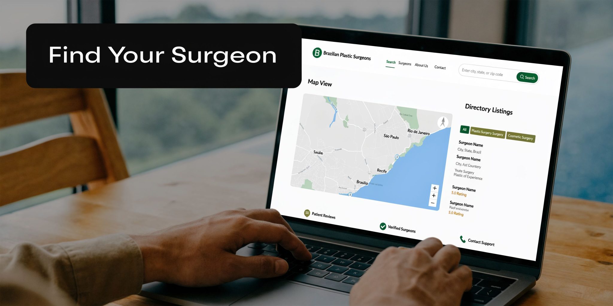 A person searching for a professional doctor on the Brazilian Plastic Surgeons directory website on a laptop.