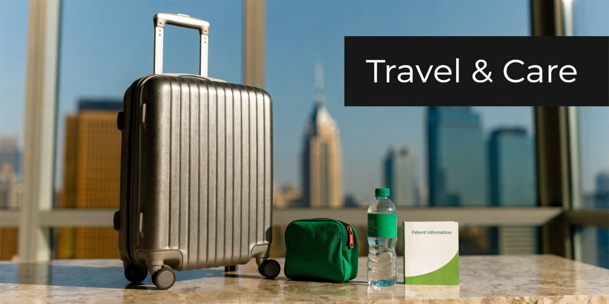 A silver suitcase, a green medical pouch, a water bottle, and a patient information booklet by a window.