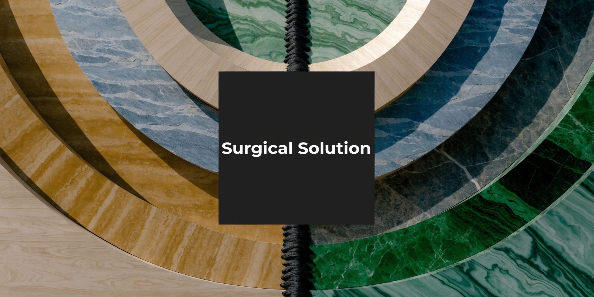 A minimalist circular design featuring varied textured surfaces like wood, marble, and stone with bold center text.