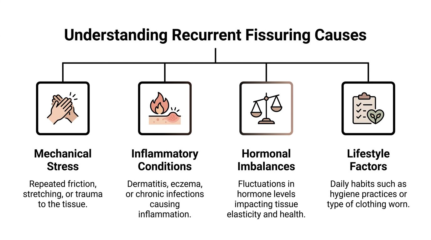 A diagram illustrating four primary causes of recurrent fissuring: mechanical stress, inflammatory conditions, hormonal imbalances, and lifestyle factors.