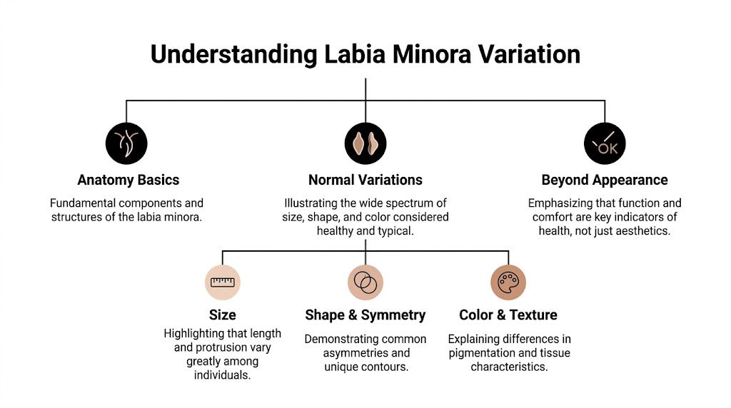 An educational diagram titled Understanding Labia Minora Variation, outlining anatomy, common physical variations, and health considerations.