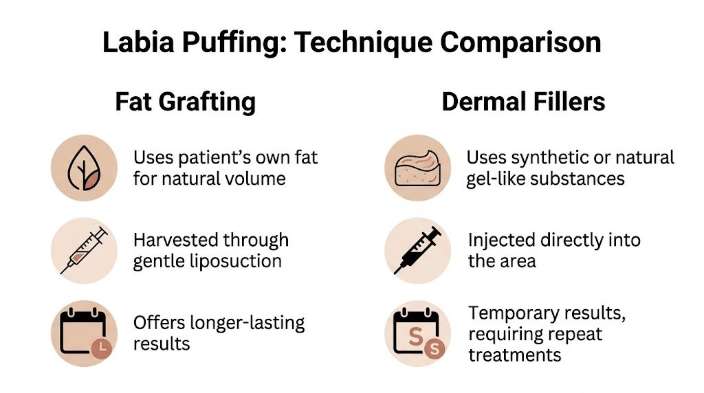 A comparison chart highlighting the differences between fat grafting and dermal fillers for labia puffing procedures.