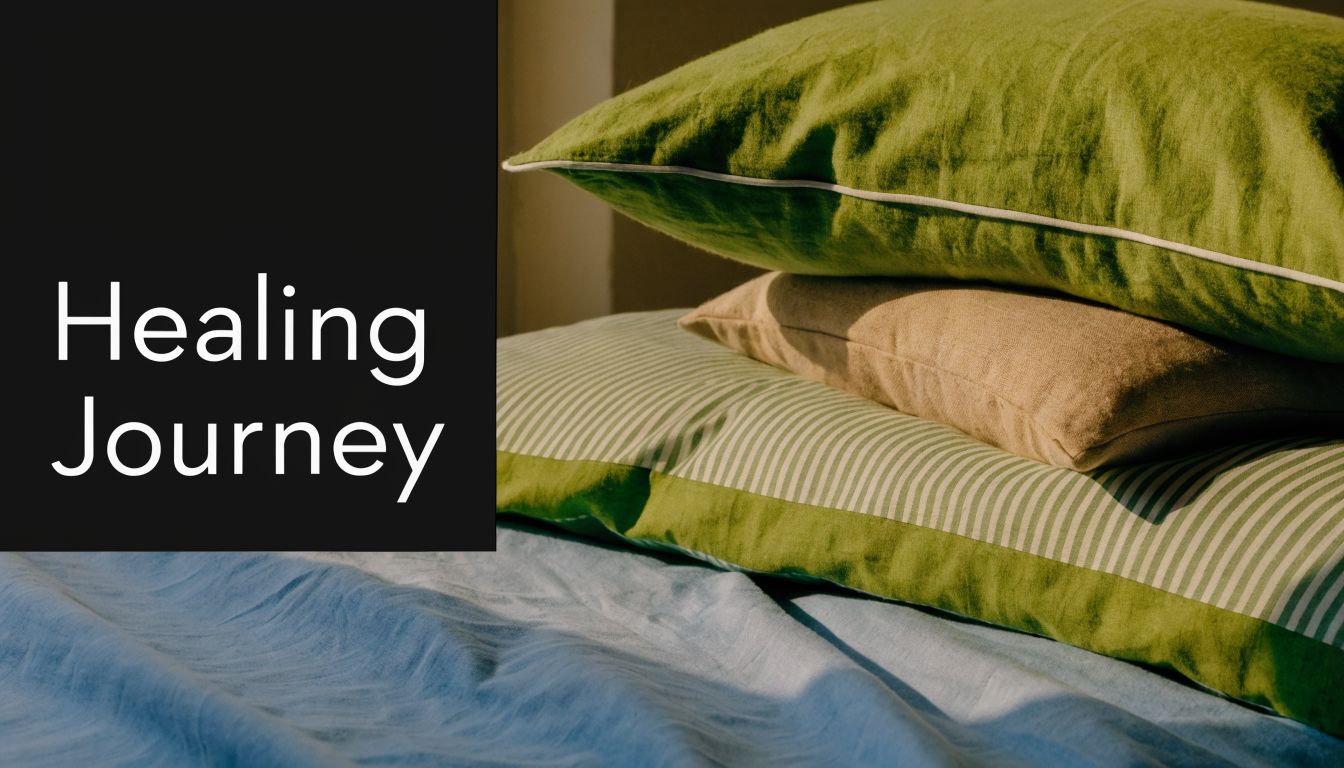A stack of comfortable pillows on a bed, conveying a sense of restful recovery and peaceful healing.