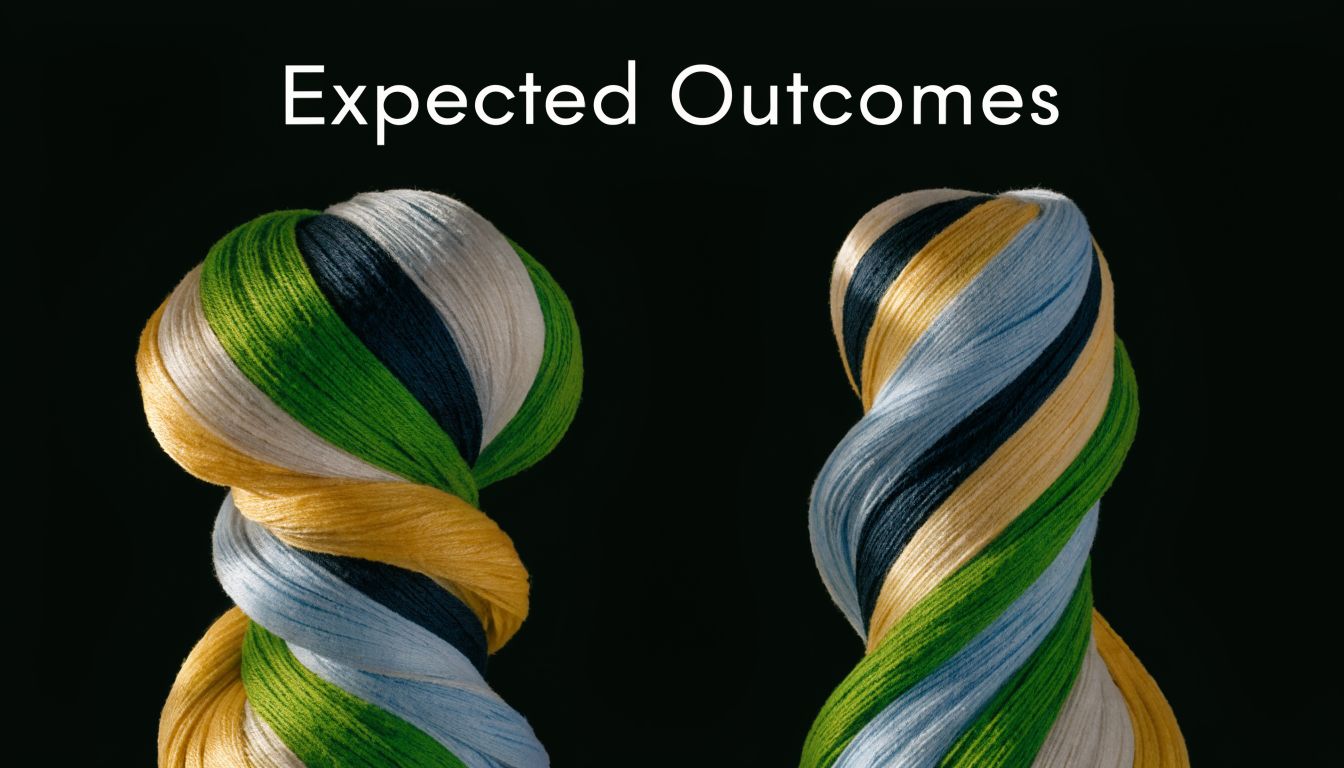 Two twisted bundles of multicolored yarn arranged against a black background with text Expected Outcomes above.